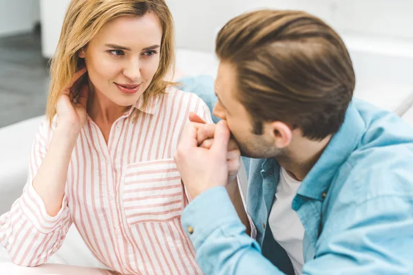 Portrait Tender Man Kissing Wifes Hand Home — Stock Photo, Image