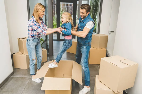 Happy Parents Little Daughter Playing Together New House Moving Home — Stock Photo, Image