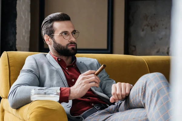 fashionable man with cigar and ashtray sitting on couch