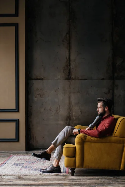 Stylish Elegant Man Sitting Yellow Sofa — Stock Photo, Image