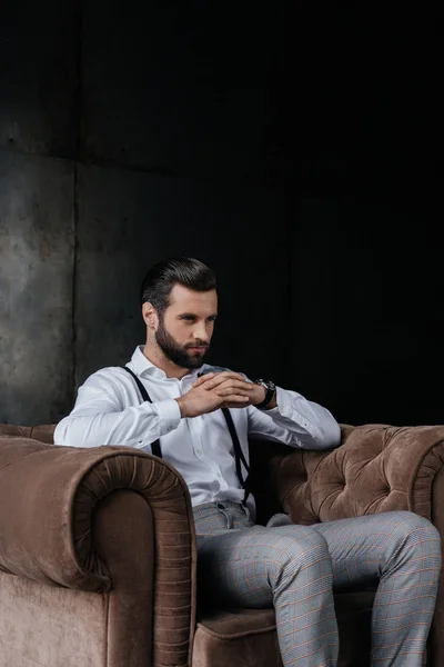 Handsome Pensive Man Sitting Armchair — Stock Photo, Image
