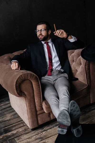 Handsome Stylish Businessman Cigar Sitting Armchair — Stock Photo, Image