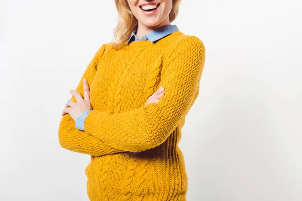 Cropped Shot Smiling Woman Crossed Arms White — Stock Photo, Image