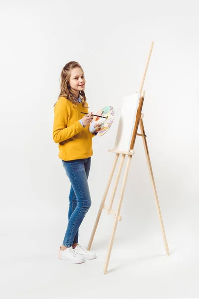 Teen Female Painter Paint Brush Palette Easel Blank Canvas White — Stock Photo, Image