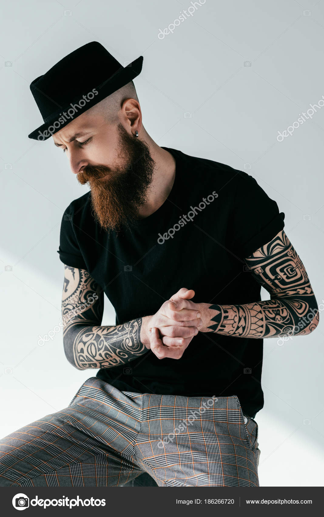 Handsome Bearded Tattooed Man Hat White Stock Photo by ©Y-Boychenko  186266720