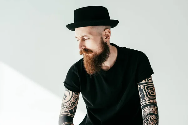 Handsome Bearded Tattooed Man Closed Eyes White — Stock Photo, Image