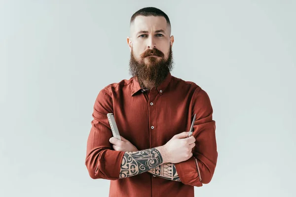 Bearded Handsome Barber Holding Comb Scissors Looking Camera Isolated White — Stock Photo, Image