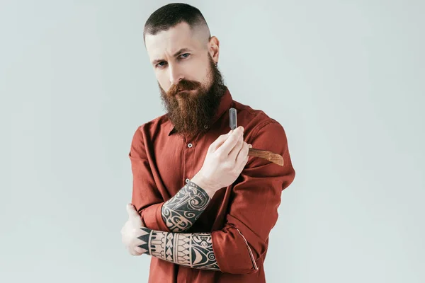 Serious Handsome Barber Holding Razor Isolated White — Stock Photo, Image