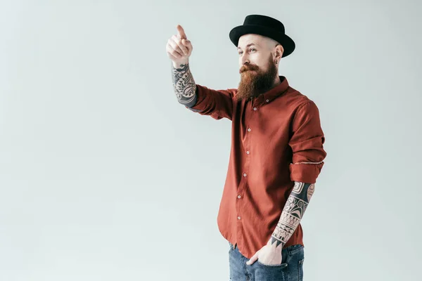 Bearded Handsome Man Pointing Something Isolated White — Stock Photo, Image