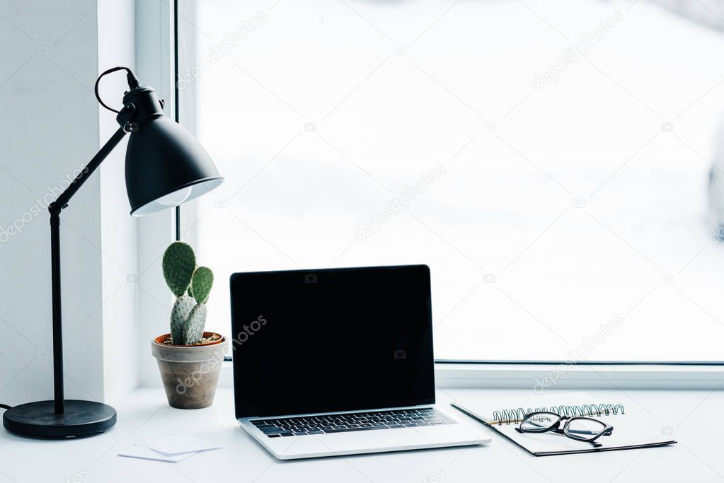 Laptop with blank screen, lamp, plant and textbook with eyeglasses