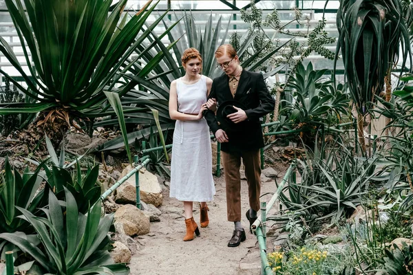 Romantic Bride Groom Walking Greenhouse — Stock Photo, Image