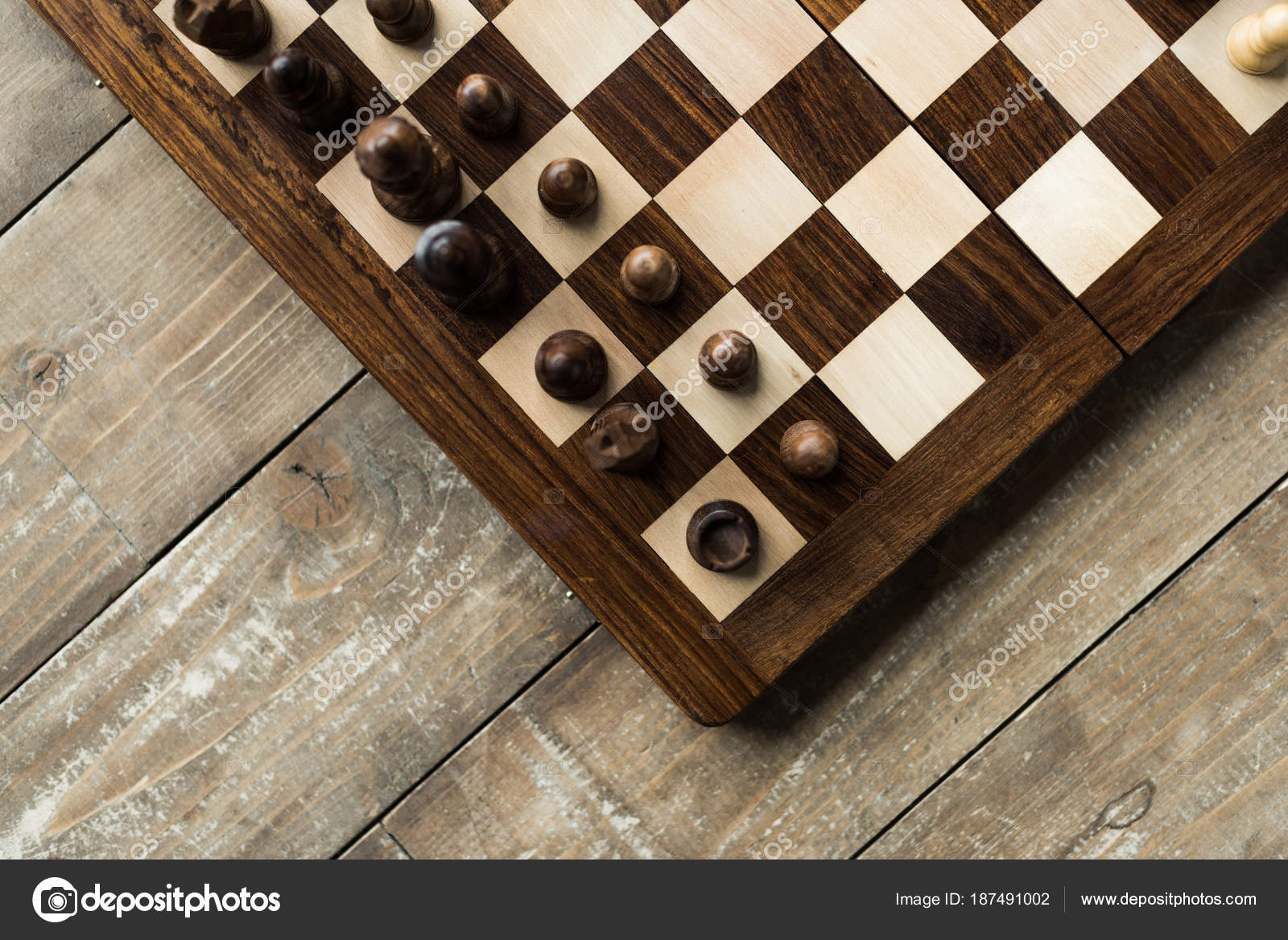 Overhead view of a chess board set up for a game Stock