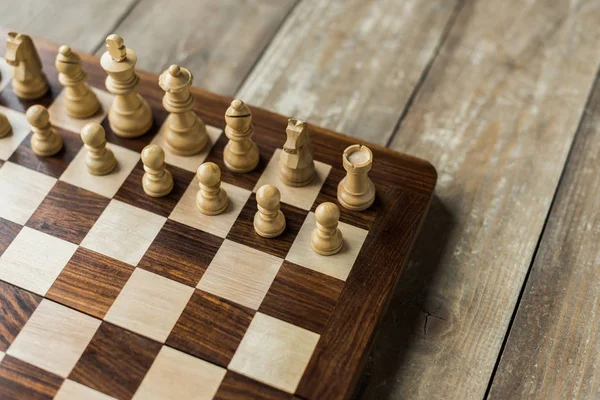 Cropped View Chess Board White Chess Pieces Rustic Wooden Surface — Stock Photo, Image