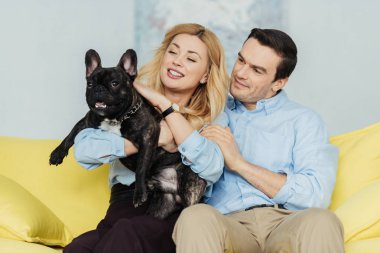 Adam ve kadın oturuyor ve sevimli köpek sarı koltukta tutan kucaklayan