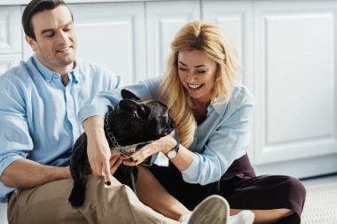 Çekici bir adam ve mutfak ile Fransız köpek katta oturan sarışın kadın