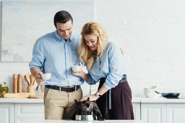 Couple drinking coffee and feeding french bulldog on kitchen table