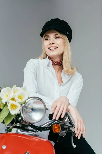 Attractive Young Woman White Shirt Posing Red Scooter Tulips Isolated — Stock Photo, Image