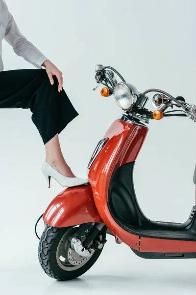 Close View Woman Wearing White Heel Shoes Posing Red Scooter — Free Stock Photo