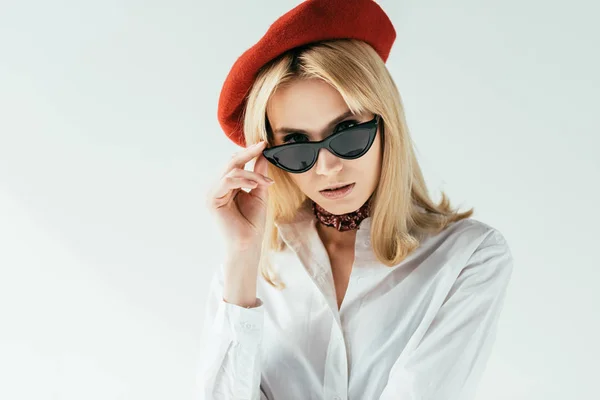 Attractive Young Woman Red Beret Isolated White — Stock Photo, Image