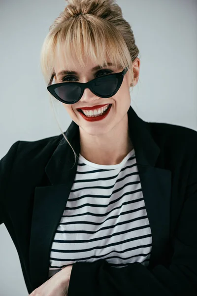 Stylish Pretty Woman Wearing Retro Sunglasses Isolated Grey — Stock Photo, Image