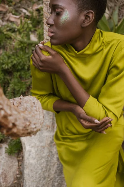 Mulher Afro Americana Concurso Com Olhos Fechados Maquiagem Brilho Posando — Fotografia de Stock Grátis