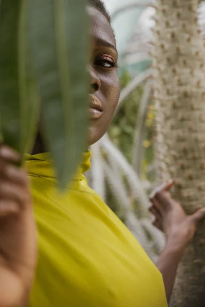 Selectieve Aandacht Van Elegante African American Girl Poseren Achter Tropische — Gratis stockfoto