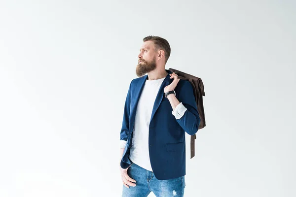 Handsome Man Casual Clothes Backpack Looking Away Isolated Light Background — Stock Photo, Image