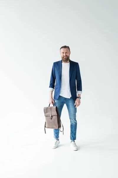 Stylish Bearded Man Holding Backpack Light Background — Stock Photo, Image