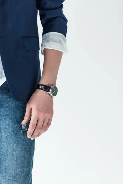 Close View Watch Male Hand Isolated Light Background — Stock Photo, Image