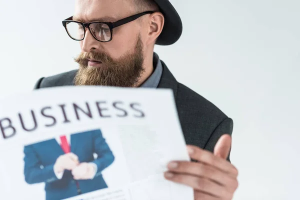 Stylish Bearded Businessman Reading Business Newspaper Isolated Light Background — Stock Photo, Image