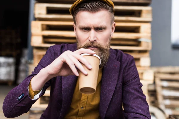 Handsome Bearded Man Sitting Street Drinking Paper Cup — Stock Photo, Image