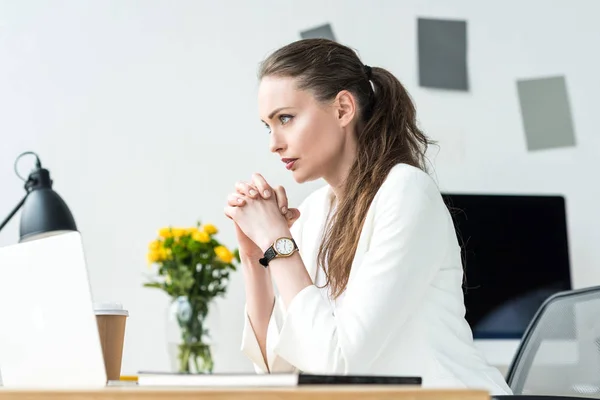 Side View Thoughtful Businesswoman White Suit Looking Away Workplace Office — Stock Photo, Image