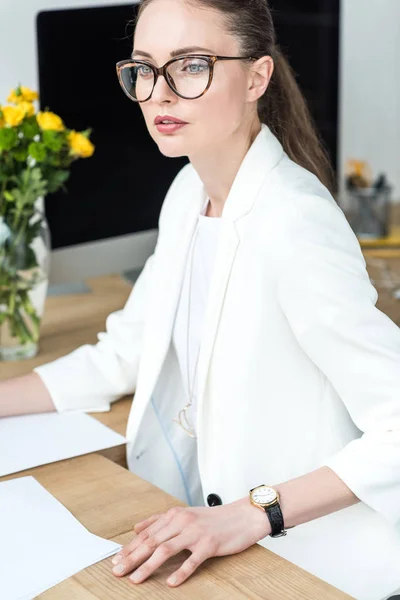 Portrait Pensive Businesswoman Eyeglasses Workplace Office — Stock Photo, Image
