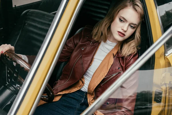 High Angle View Girl Leather Jacket Sitting Retro Car Looking — Stock Photo, Image