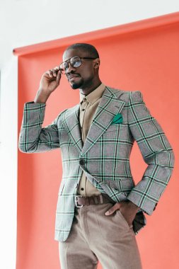 kırmızı üzerinde poz trendy gözlük yakışıklı Afrikalı-Amerikalı adam