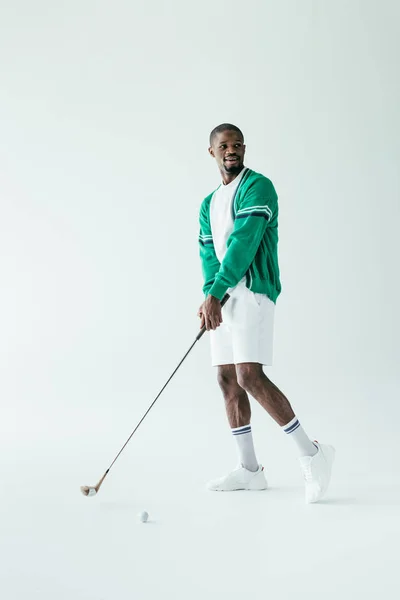 African American Golfer Vintage Sportswear Playing Game Isolated White — Stock Photo, Image