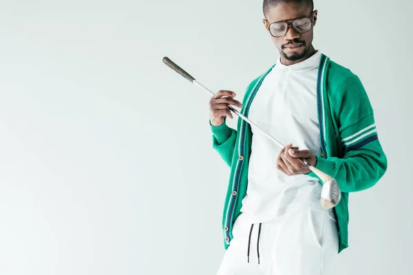 Handsome African American Golfer Vintage Sportswear Isolated White — Stock Photo, Image