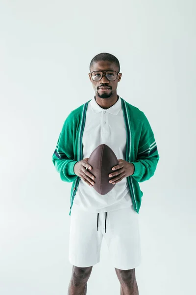 Fashionable African American Rugby Player Ball Isolated White — Stock Photo, Image