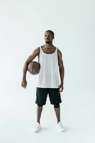 Handsome African American Man Sportswear Basketball Ball Isolated White — Stock Photo, Image