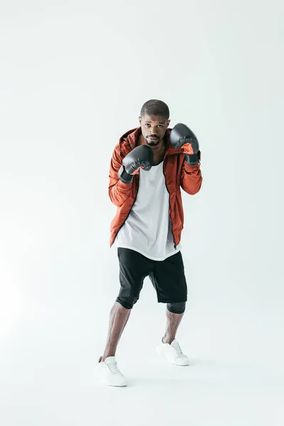 Athletic African American Boxer Training Boxing Gloves Isolated White — Stock Photo, Image