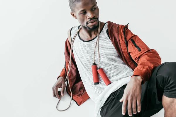 Handsome African American Athletic Man Jump Rope Isolated White — Free Stock Photo