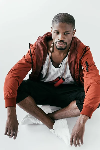 Handsome African American Sportsman Sitting Skipping Rope Isolated White — Stock Photo, Image