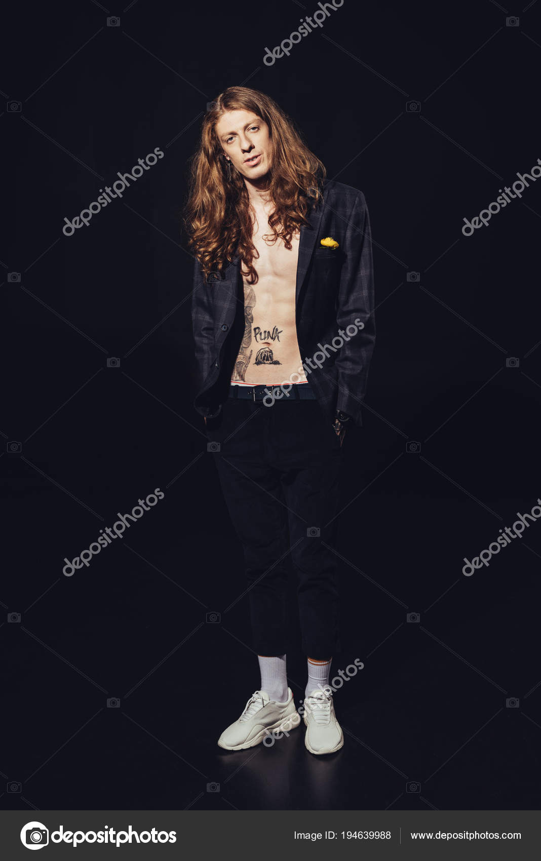 Young Elegant Man Long Hair Tattoos Black Stock Photo C Y