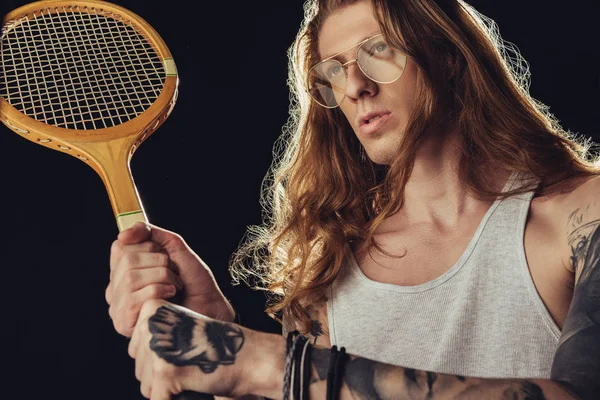 Fashionable Tattooed Man Vintage Wooden Tennis Racket Isolated Black — Stock Photo, Image