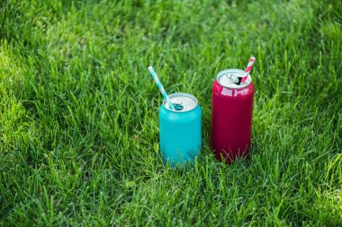 close up view of drinks in cans with straws on green grass