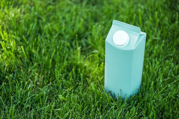 Κλείνω Πάνω Θέα Του Πακέτου Κενό Μπλε Γάλακτος Στο Πράσινο — Φωτογραφία Αρχείου
