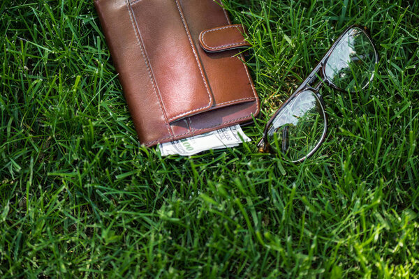 close up view of male wallet with money and eyeglasses on green grass