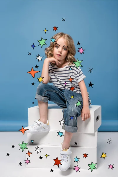 Little girl with drawn stars — Stock Photo