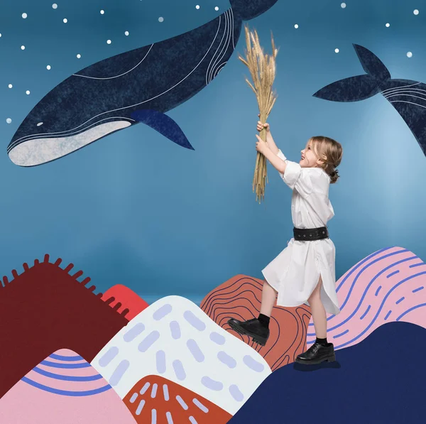 Girl with wheat ears and whales — Stock Photo