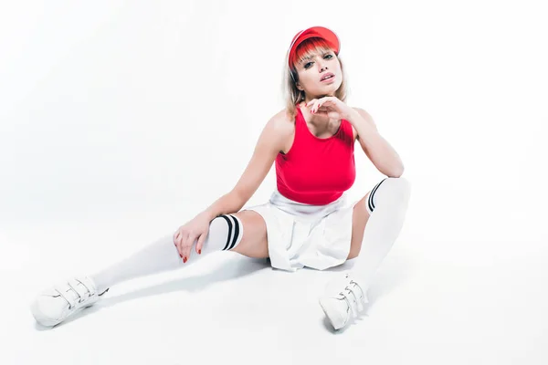 Donna bionda in abbigliamento sportivo tennis — Foto stock
